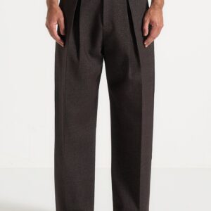 Lior - Box Pleat Hatched Wide Leg Trousers - Dark Brown