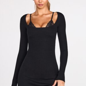 Modal Long-Sleeve Laced Bra Mini Dress in Black
