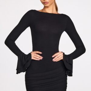 Modal Long-Sleeve Draped Mini Dress in Black