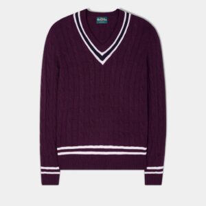 Grafton Men's Merino Wool Cable Cricket Jumper In Black Grape - Regular Fit