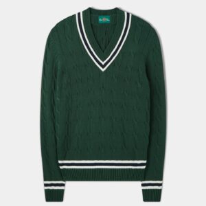 Sandridge Cable Knit Cricket Jumper In AP Green & Dark Navy