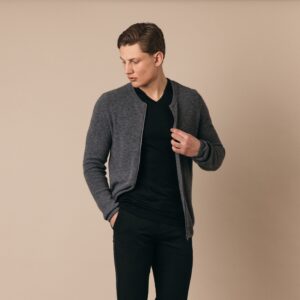Beauchamp Lambswool Blend Zip Through Cardigan in Grey Marl